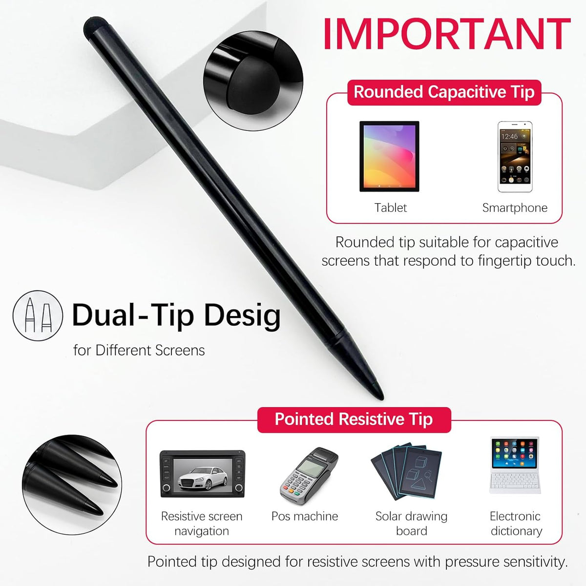 Brvlsoc 6-Pack Black Dual-Tip Stylus Pens Universal Touchscreen Stylus Compatible with iPad, Samsung Galaxy