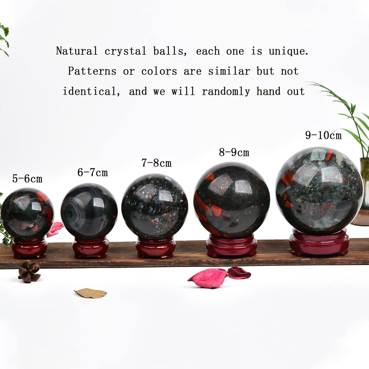 JIC Gem African Bloodstone Crystal Ball Natural Quartz Crystal Sphere Stone Ball with Wooden Base (70-80mm)