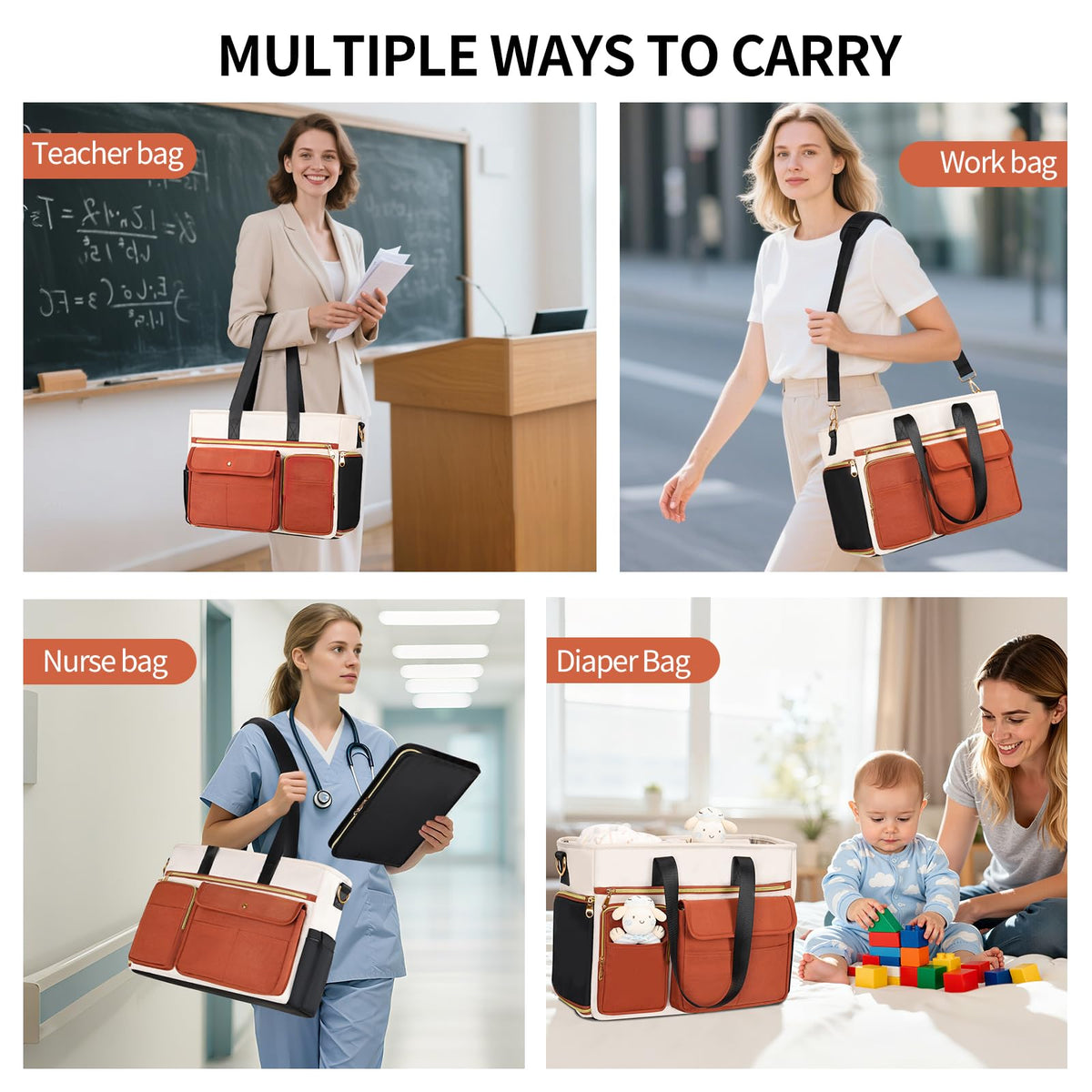 ESTARER Teacher Tote Bag for Women 2Pcs,15.6'' Laptop Work Bag Computer Bag w/File Folder & Insulated Pocket, Large Water-resistant Messenger Shoulder Bag for Office/Travel/College,Black-Beige-Brown