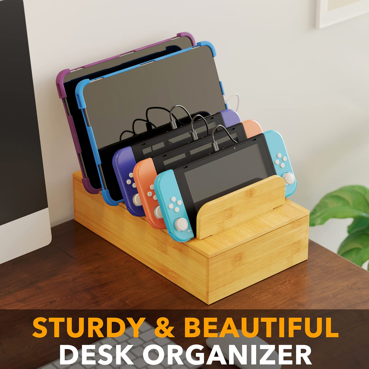 SpaceAid Bamboo Charging Station for Multiple Devices, Cell Phone Docking Stations for Multi Laptop, Tablets and iPads, Nightstand Bedside Desk Device Charger Organizer (Natural)
