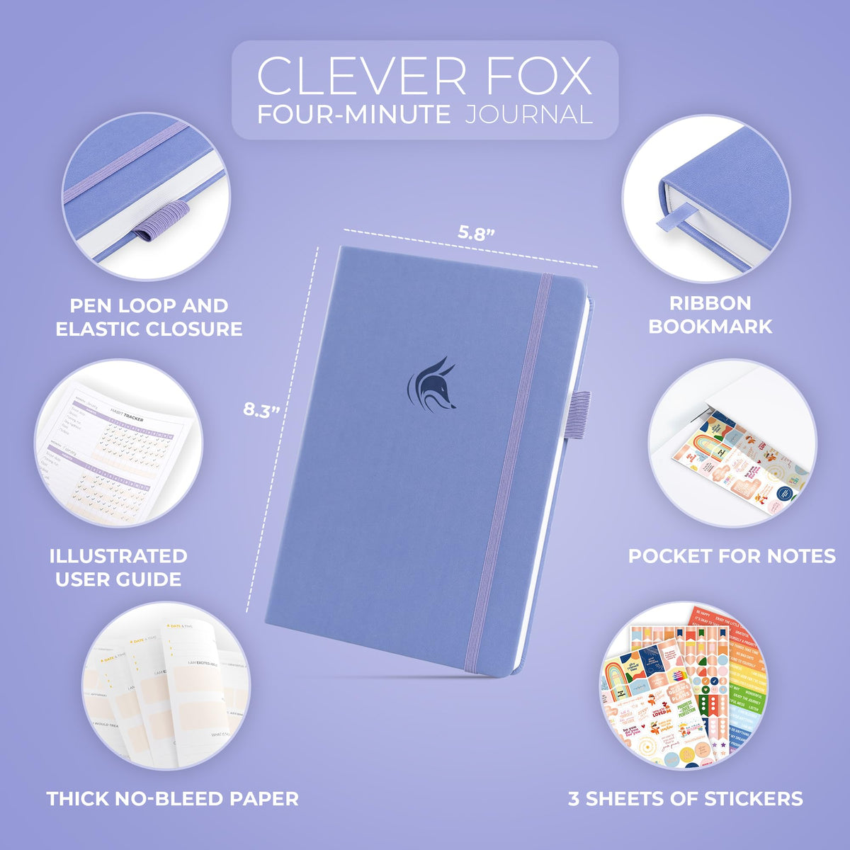 Clever Fox Four-Minute Journal – Daily Positivity Journal with Prompts – Motivational Affirmation, Mental Health & Habit Tracker (Lavender)