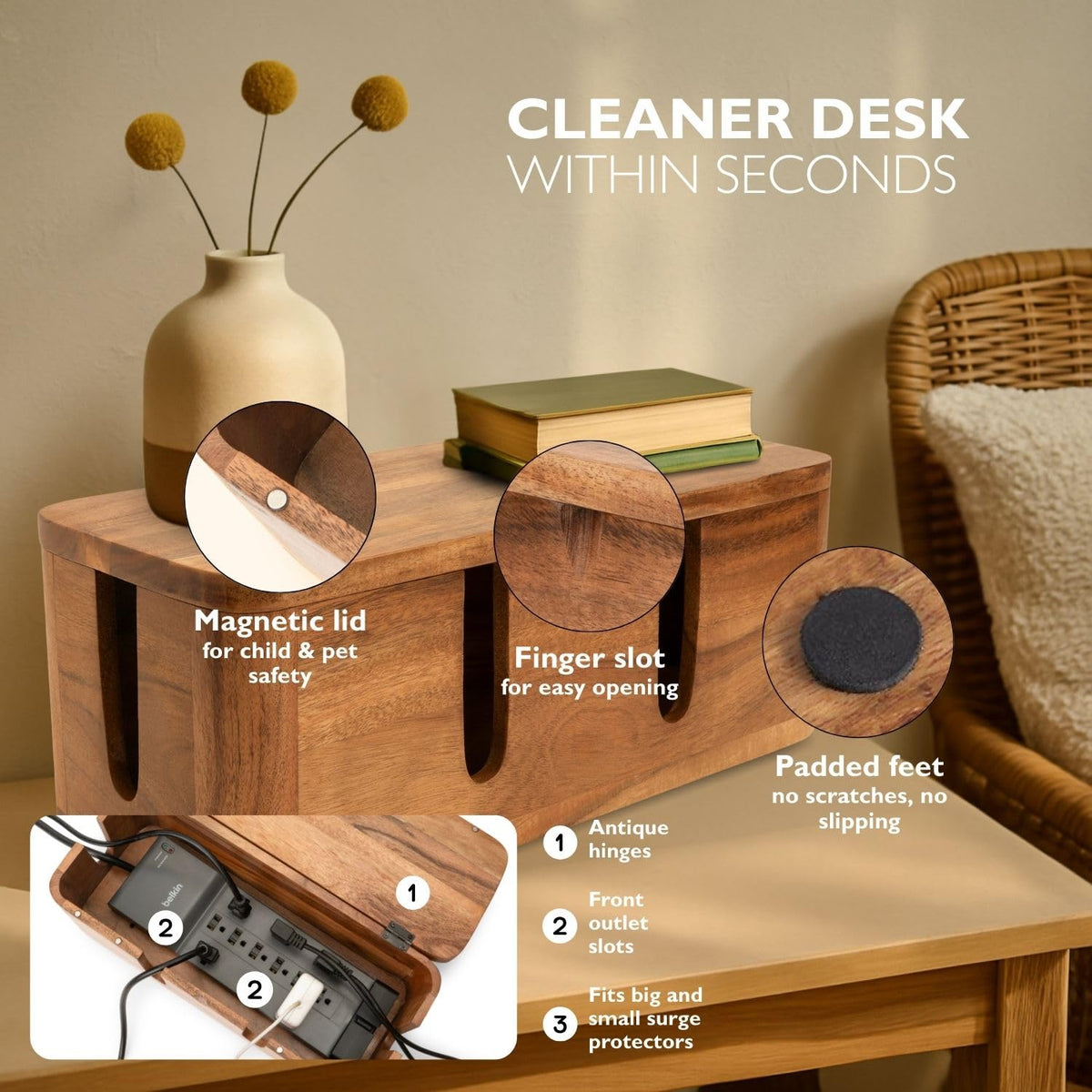 Cable Management Box & Cord Organizer- Cable Organizer for Desk, Home, Office. Hides Wires, Surge Protectors, Power Strips. Eco Friendly Mango Wood Cord Management Solution (Natural Acacia)
