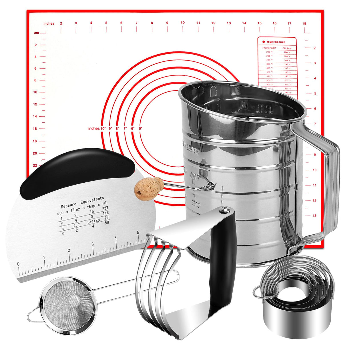 Biscuit Cutter Set,10PCS Stainless Steel Pastry Blender Set with Pastry Cutter,5PCS Biscuit Cutter,Dough Cutter,3 Cup Flour Sifter,Baking Mat and Fine Mesh Strainer for Cooking Cookies and Donuts