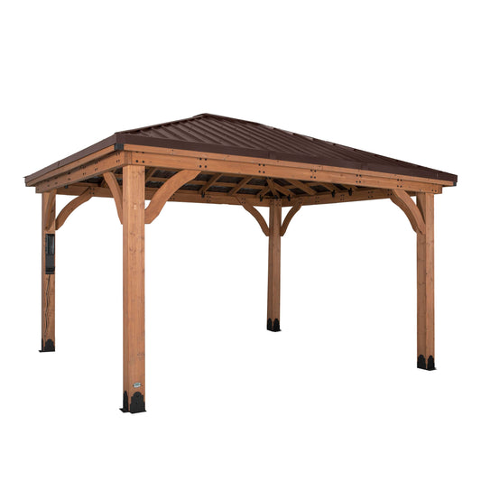 Backyard Discovery Barrington 14' x 10' Cedar Wood Outdoor Gazebo Pavilion with Hardtop Galvanized Steel Hip Roof, Snow Support, Wind Resistance, PowerPort, Shade for Garden, Patio, Deck, Entertaining