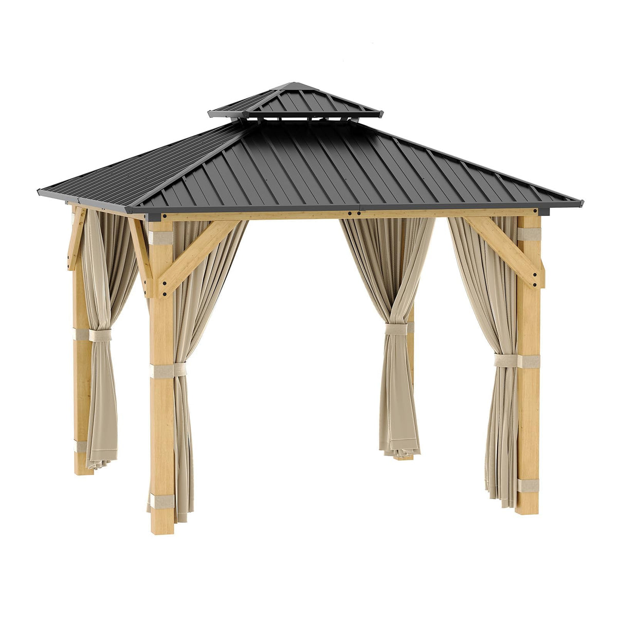 10x10 FT Outdoor Hardtop Wood Gazebo with Cedar Frame, Double Galvanized Steel Roof, Patio Pavilion with Curtains, Mesh Netting & Ceiling Hook for Backyard, Deck, Lawn, Garden