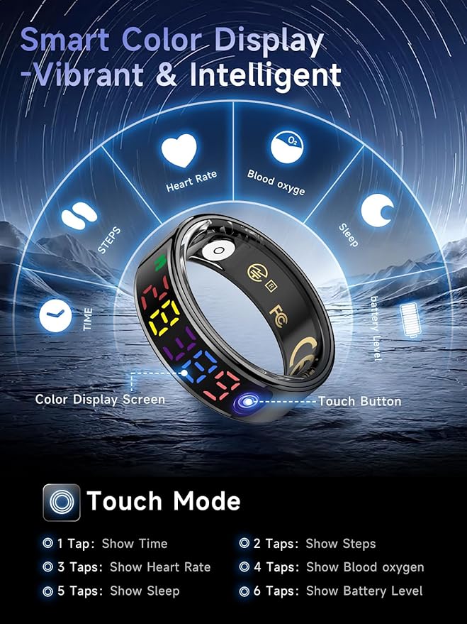 Smart Ring for Women Men, Health Ring with Colorful Display, Fitness Tracker with Heart Rate, Blood Oxygen, Sleep Monitor, No Subscription Fee, 5ATM Waterproof for iPhone & Android (Silver, 12)