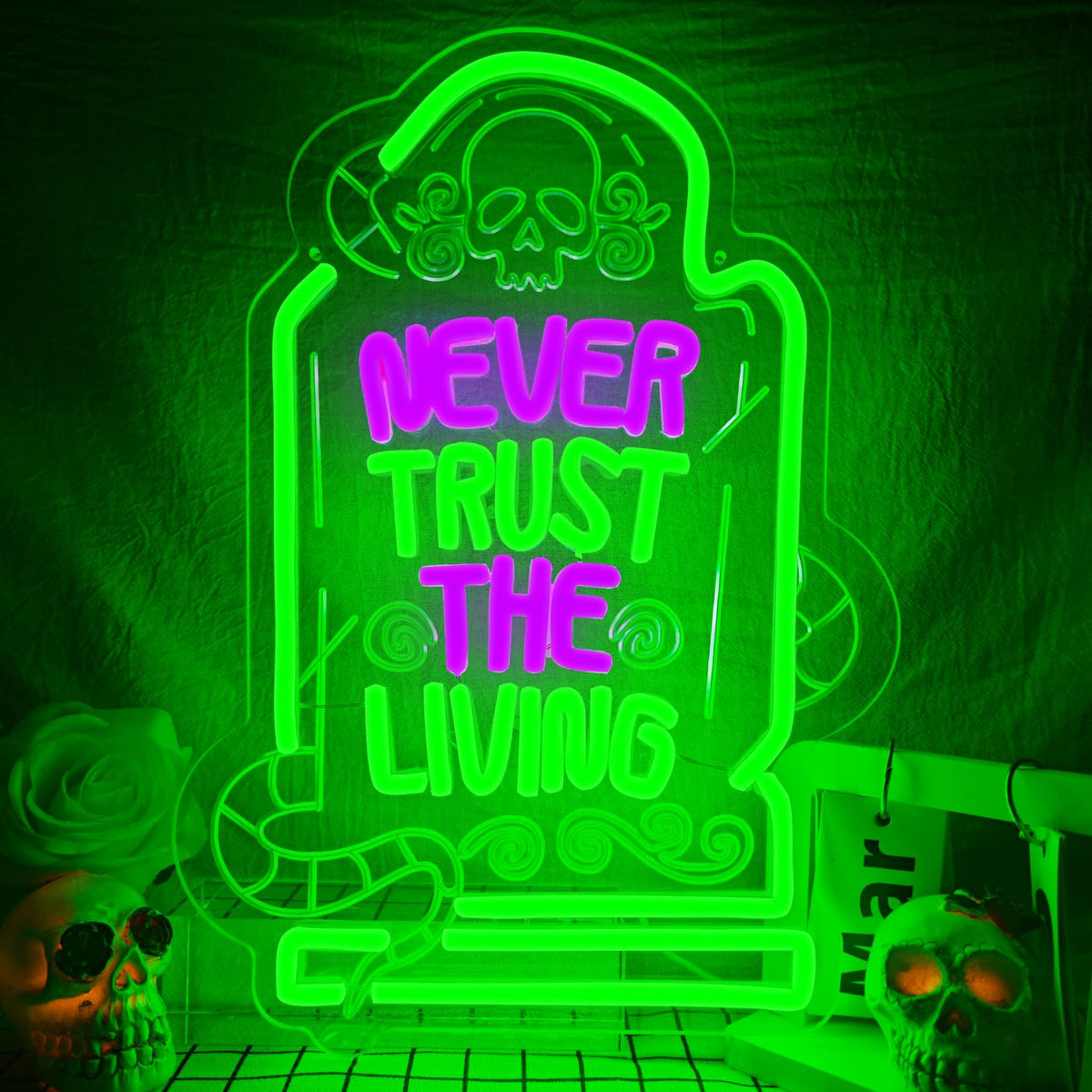 Never Trust The Living Neon Sign Led Sign for Wall Decor Dimmable USB Powered Letters Light Up Sign For Party Chamber of Secrets Script killing Terror House Man Cave Decor
