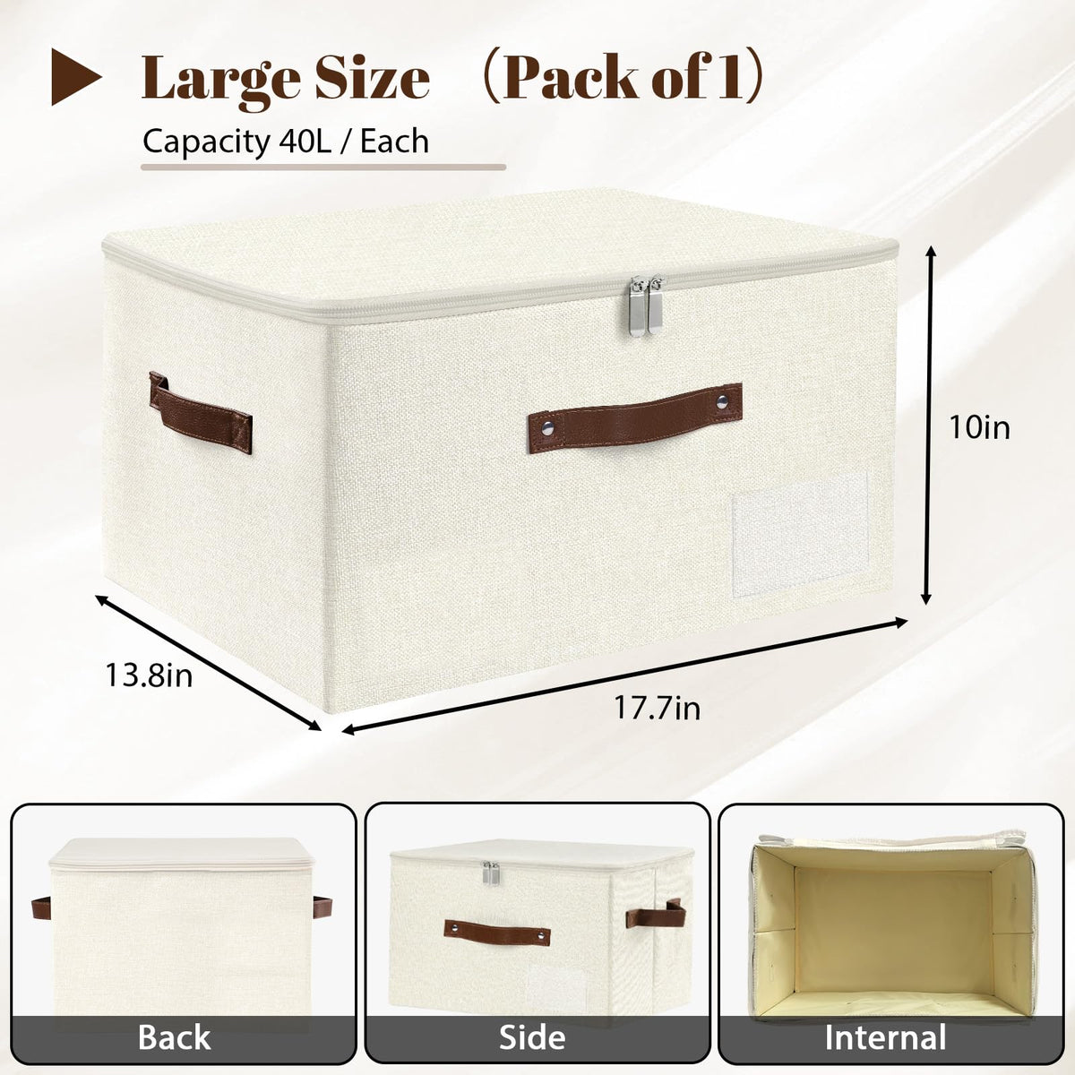 ANMINY Storage Bins with Zipper Lid Storage Boxes with Label Holder PU Leather Handles Washable Foldable Decorative Lidded Cotton Linen Fabric Cubes Baskets Closet Organizer - Beige, Large