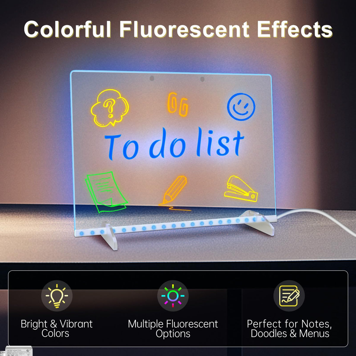 LED Note Board with 7 Colors, Includes Adapter, 13"x10" Led Drawing Board for Kids, Light Up Dry Erase Boards with 7 Markers, Soft Cloth, Hanging Chain, Holiday Trend Gift