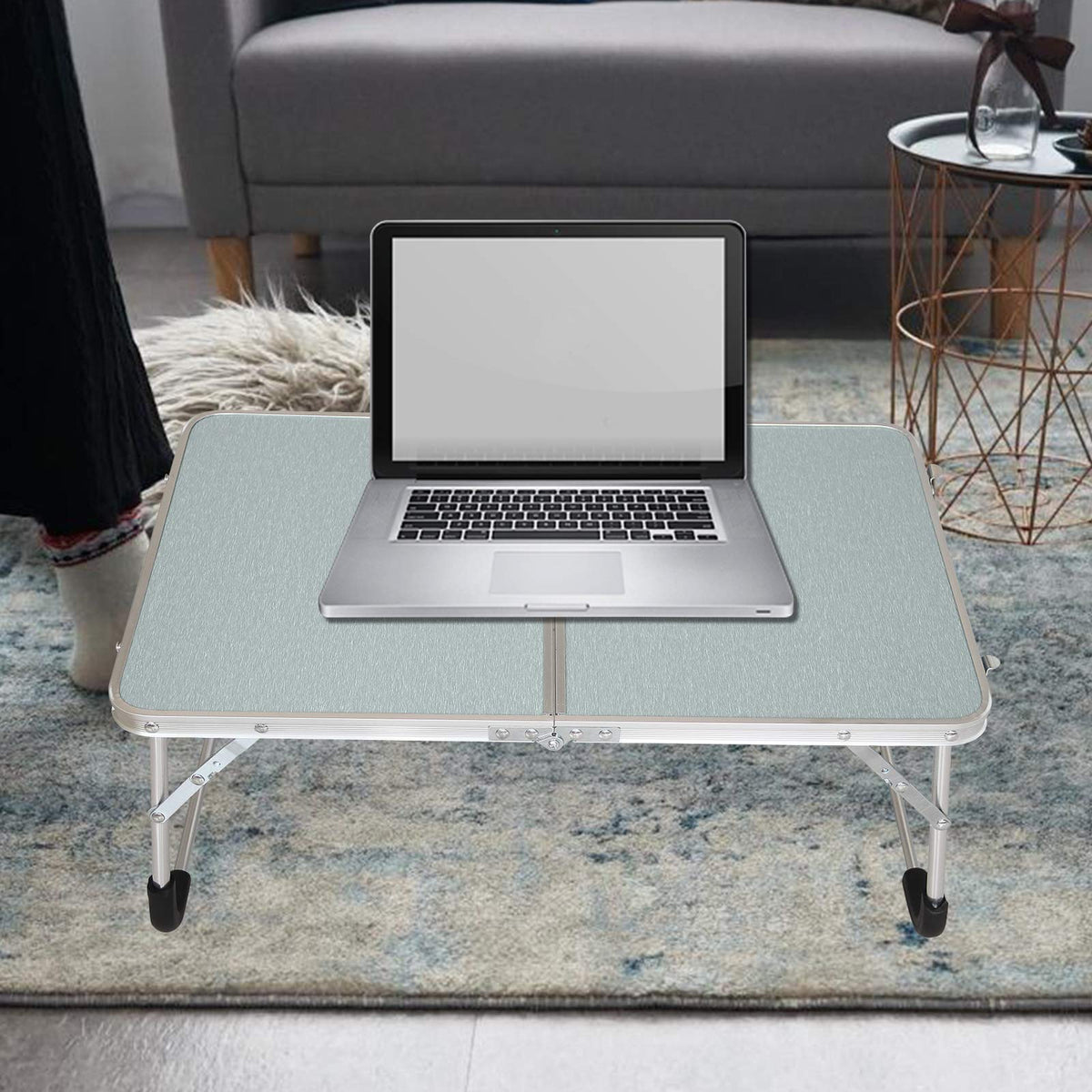 Jucaifu Foldable Laptop Table, Bed Desk, Breakfast Serving Bed Tray, Portable Mini Picnic Table & Ultra Lightweight, Folds in Half with Inner Storage Space (Silvery)