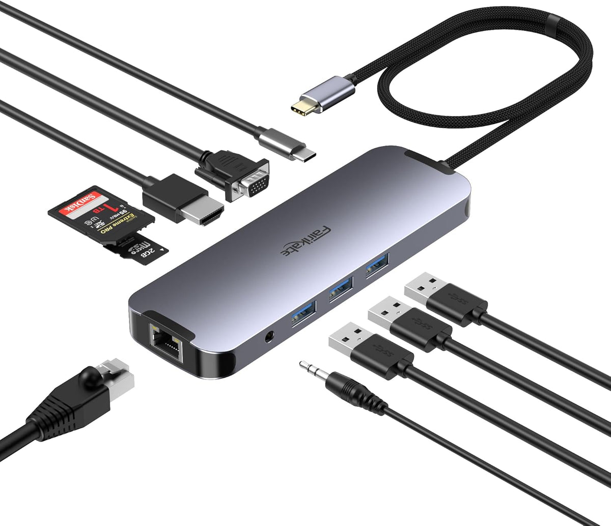fairikabe 10 1, 1Gbps 100W 3.5 USB C Docking Station Dual Monitor in USB-C Hub to HDMI VGA Adapter with Ethernet