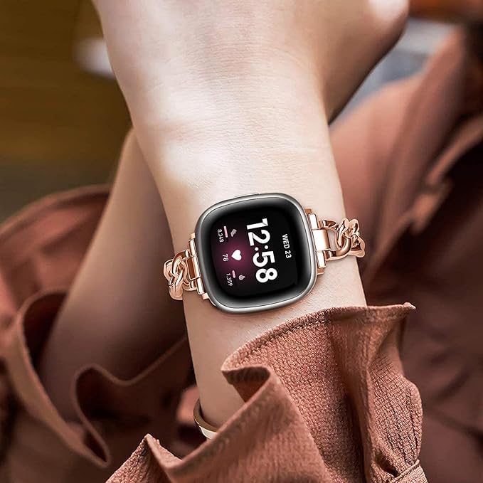 Cool Women Chain Metal Smartwatch Bands Compatible for Fitbit Sense/Fitbit Versa 3 Bands for Dressy Women, Metal Wristband Strap for Fitbit Sense 2/Versa 4 (Rose Gold)