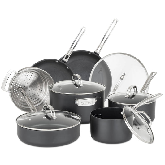Viking Pots and Pans Set Non Stick,12 Piece Hard Anodized Kitchen Cookware with Glass Lids, Black