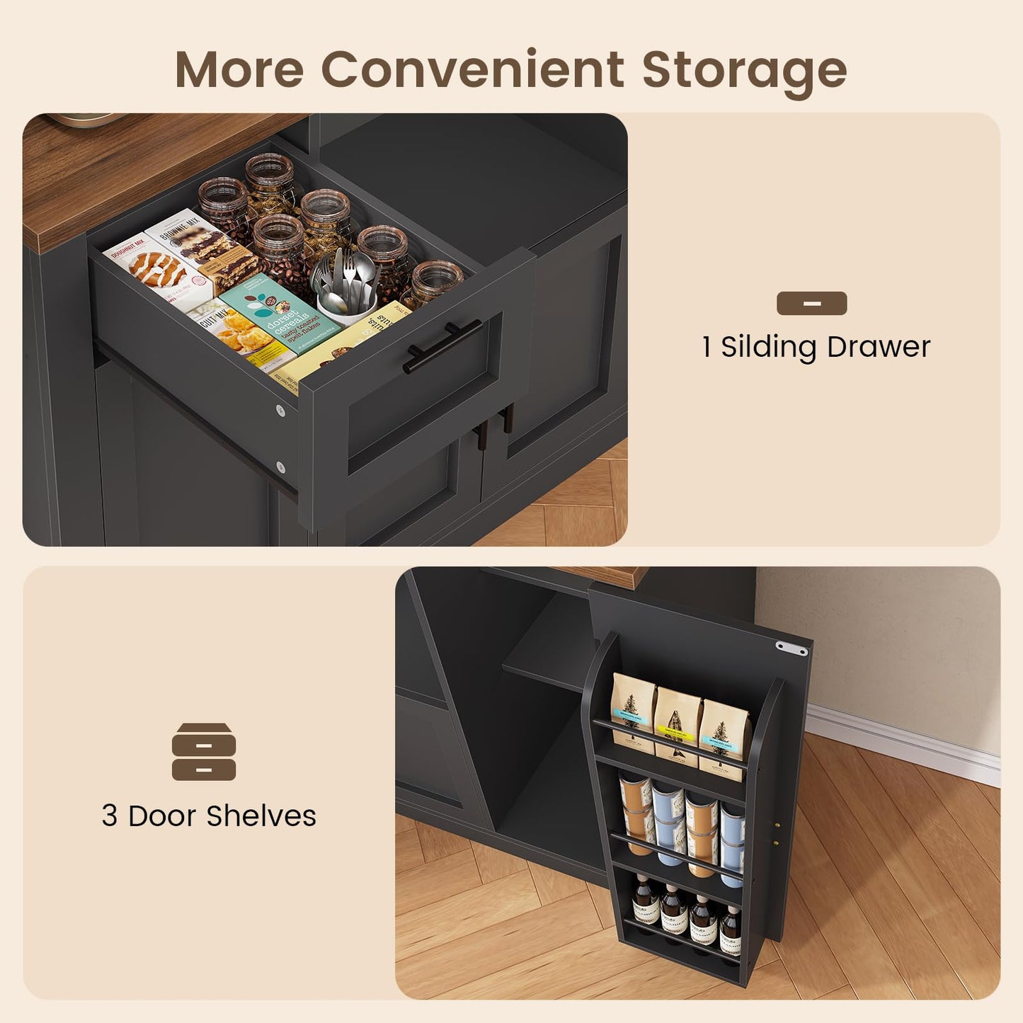 Itaar 71" Pantry Cabinet with Charging Station and LED Light, Kitchen Pantry Cabinet with Microwave Stand, 47.2" Wide Kitchen Storage Cabinets with Storage Cart 3 Tier for Dining Room, Black