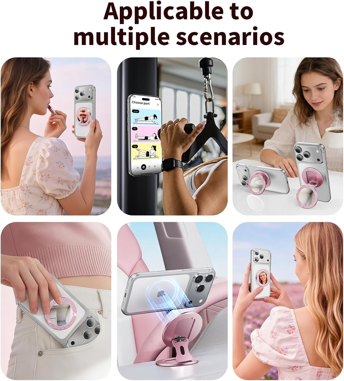 Blissfuhue 17/16/15/14 Portable Double-Sided Magnetic Phone Holder with Mirror, for Magnetic Phone GripFoldable