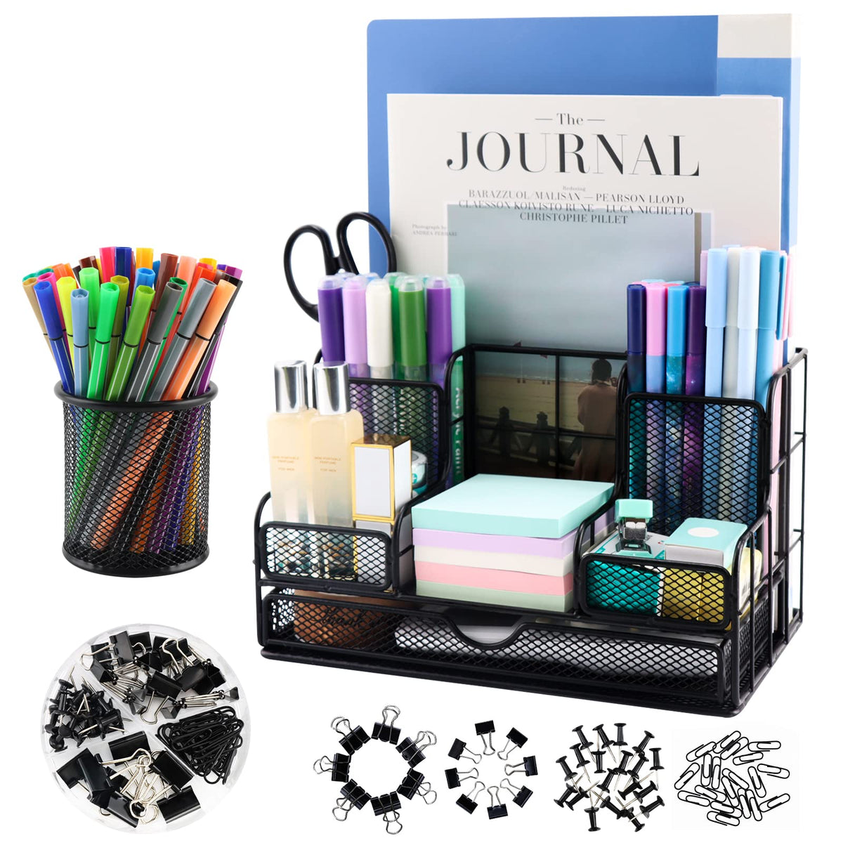 BCCICE Desk Organizers Caddy and Accessories with 7 Compartments + Pen Holder / 72 Clips Set, Drawer, Black Mesh Office Supplies Desktop Organizer for Home, Office Ect