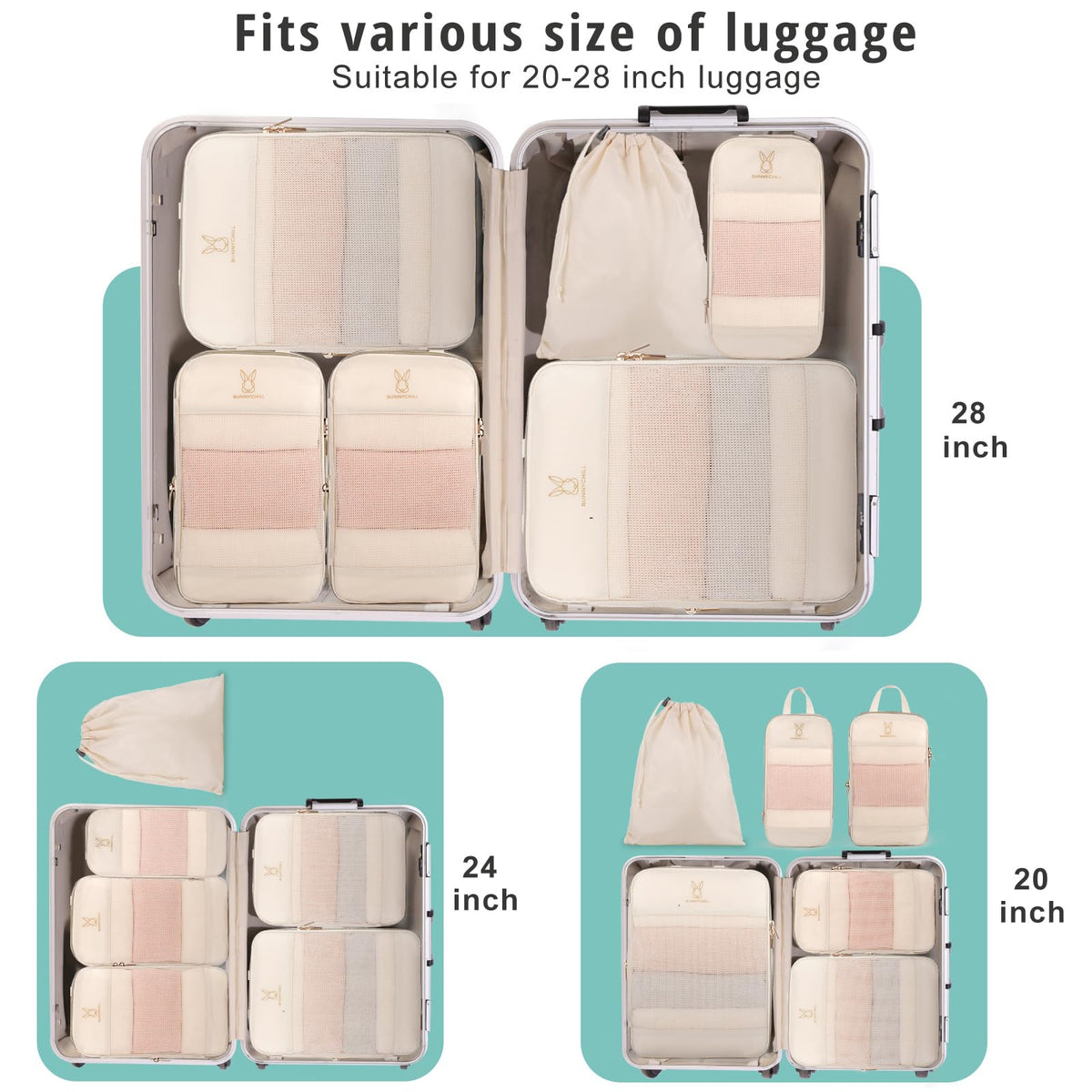 8 Set Compression Packing Cubes for Travel, Bunnychill Portable Zipper Packing Cube for Cloting, Expandable Space Saver Storage Luggage Organizer Bags for Suitcases(Beige)