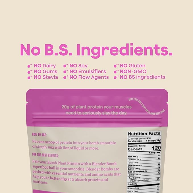 The Bomb Co. Bomb Plant Protein, Protein Powder with 20g Protein, Amino Acids, Zero Sugar, Pea Protein, Chia Seeds, Pumpkin Seeds, Vanilla & Monk Fruit, Gluten Free, Vanilla Flavor, 20 Srvgs