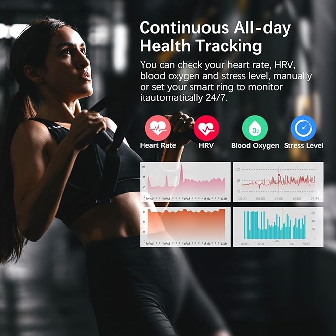 Smart Health Ring for Women Men, Fitness Tracker Ring with Heart Rate, Blood Oxygen, Sleep Tracker, Step Tracker, No Subscription Fee, IP68 Waterproof Smart Ring for iPhone & Android (Black, 13#)
