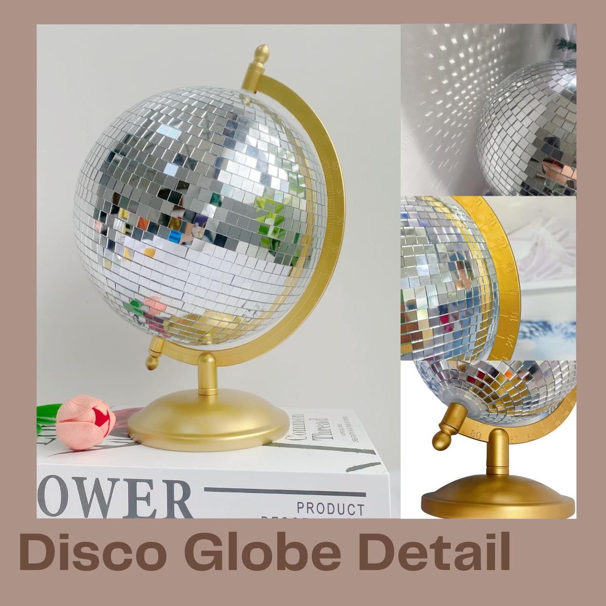 MFGDISCO Disco Ball Globe, Home Decor Statues, Classic Tabletop Art Sculpture with Metal Base, Discoball Unique Western Modern Decorative Aesthetic Sculptures, 8.5" x 8" x 12", Bright Gold