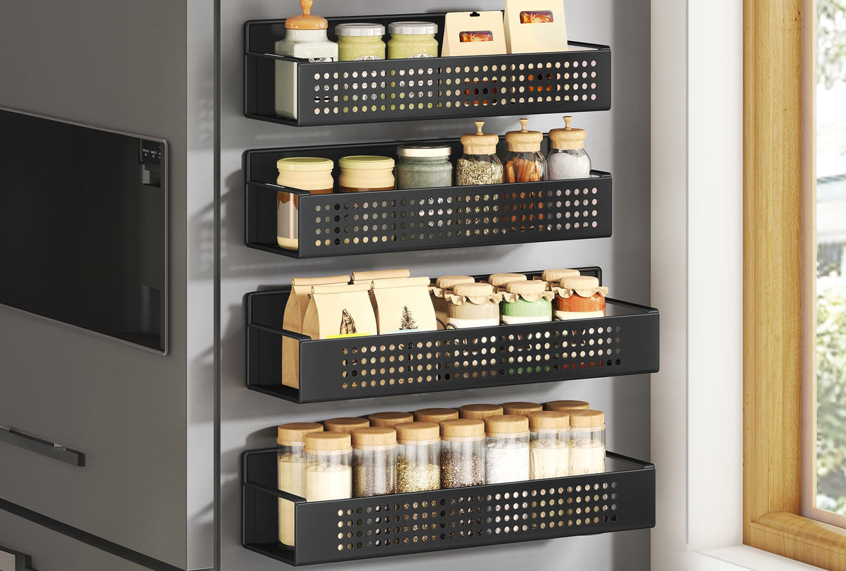 SONGMICS Strong Magnetic Spice Rack for Refrigerator, Set of 4, 2 Large and 2 Small Kichen Magnetic Shelves for Microwave, Washing Machine, Spice Organizers, No Drilling Needed, Ink Black UKCS061B01