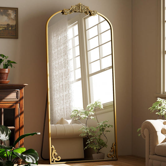 Easly Arched Full Length Mirror, 32"x 71" Large Full Body Mirror with Vintage Carved Metal Frame for HomeDecor, Oversized Floor Mirror for Wall for Bedroom, Living Room, Cloakroom, Gold, Retro Style