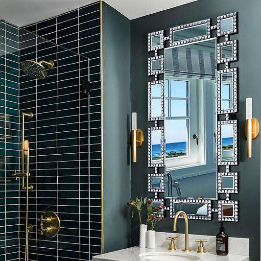 Autdot Large Decorative Mirror with Square Crystal, 47"x24" Bling Mosaic Mirror Wall Decor, Beveled Edge, for Dining Room, Living Room and Bathroom, Suitable for Modern/Luxury/Art Interior Styles