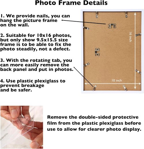 JCJMY 10x16 Picture Frame - White Wall Mount for Horizontal or Vertical Display | Shatter-Resistant Plexiglass
