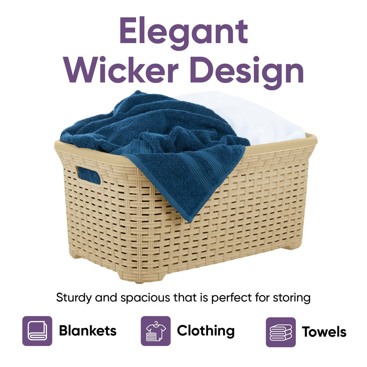 Superio Laundry Basket Plastic Storage Hamper Basket, Beige Cloths Basket Organizer with Cut-Out Handles. Space Saving for Laundry Room Bedroom Bathroom, Wicker Design 50 Liter (2 Pack)