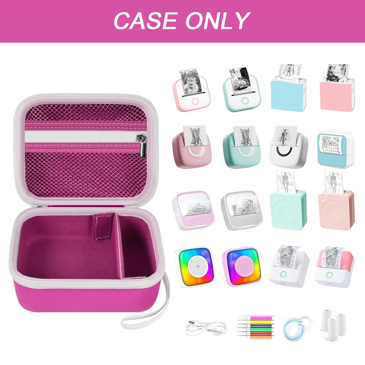 ANKHOH Label Maker Case for Memoking T02/ for Phomemo M02/ M02S/ M02 Pro/ Q30S/ for Ponek Mini Pocket Printer, Portable Sticker Printer Storage Holder Organizer Bag Paper&USB Cables, Box Only (Rose)