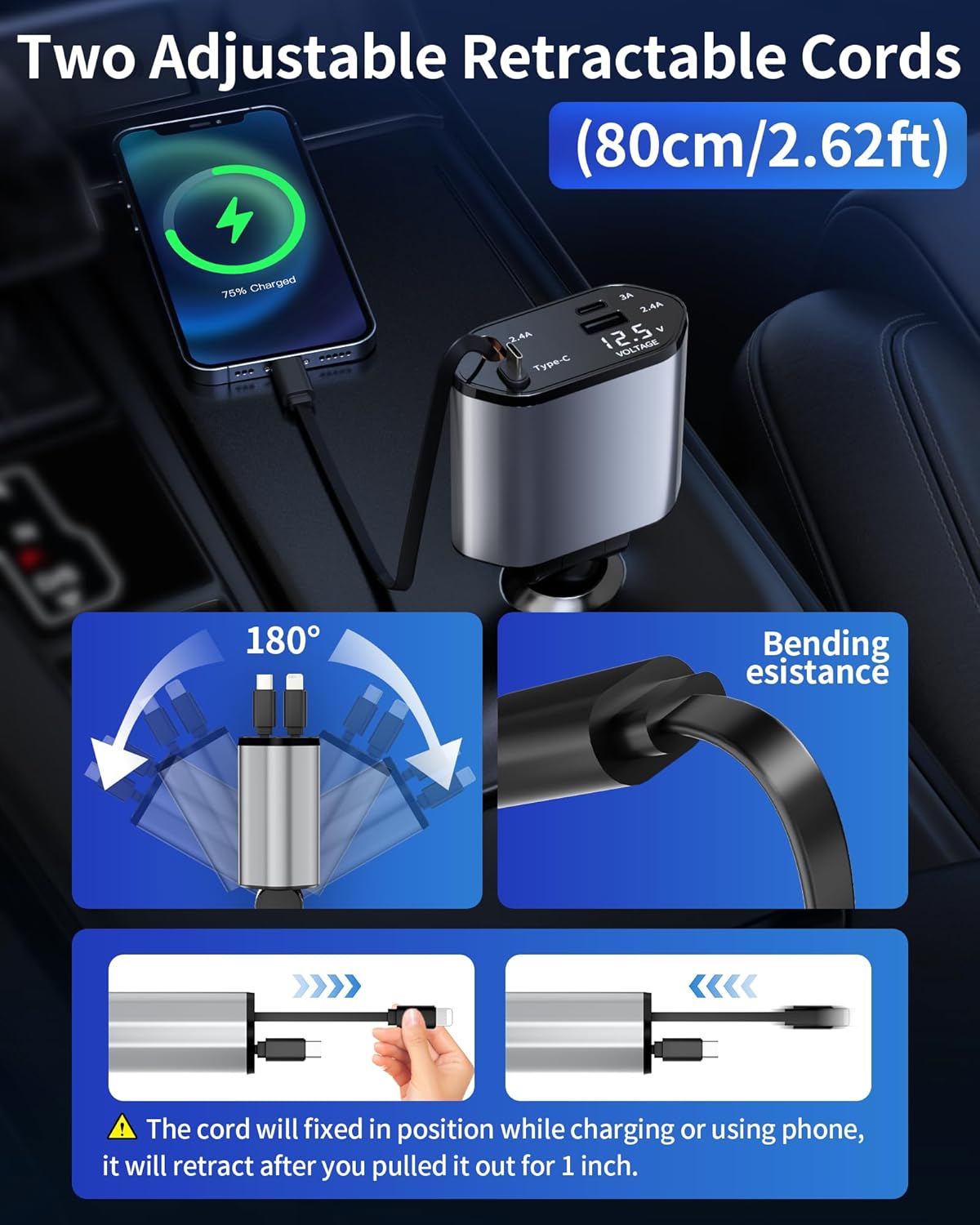 BERTHALESS 4 1 16/15/14/13/12/11/X,Galaxy,Pixel Retractable Car Charger, in Fast Charging Car Charger USB-C & USB-A