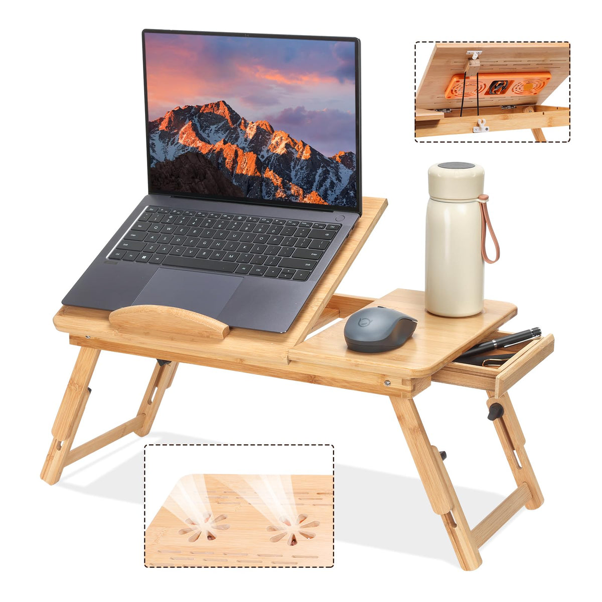 JELNER Adjustable Bamboo Laptop Desk with Cooling Fan, Foldable Bed Tray for Breakfast, Writing, and Drawing, with Tilting Top and Drawer, Portable Lap Desk for Bed, Sofa, and Floor.
