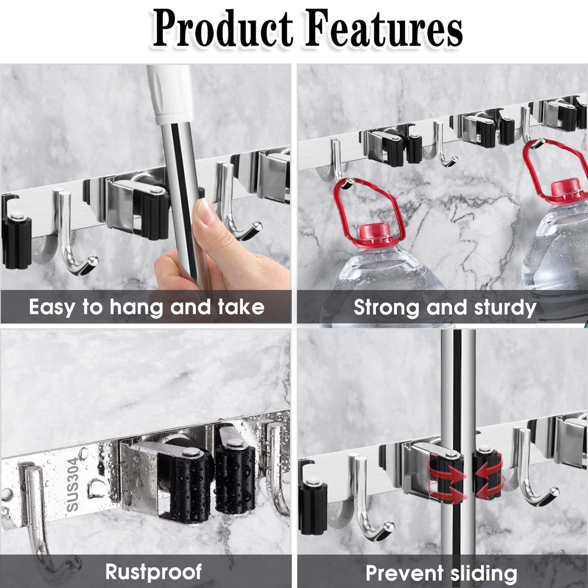 AceMining 5 Racks and 4 Hooks Mop and Broom Holder Wall Mount, Broom Organizer Storage Tool Racks Stainless Steel Heavy Duty Hooks Self Adhesive Solid Non-slip for Home Kitchen Garden Laundry Garage