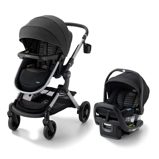Graco® Modes Nest DLX Travel System, 3-in1 Modular Baby Carseat Stroller Combo, Adjustable Slide2Me Infant Car Seat Carrier, Pramette, to Toddler Stroller, Includes SnugRide DLX Infant Car Seat, Raven
