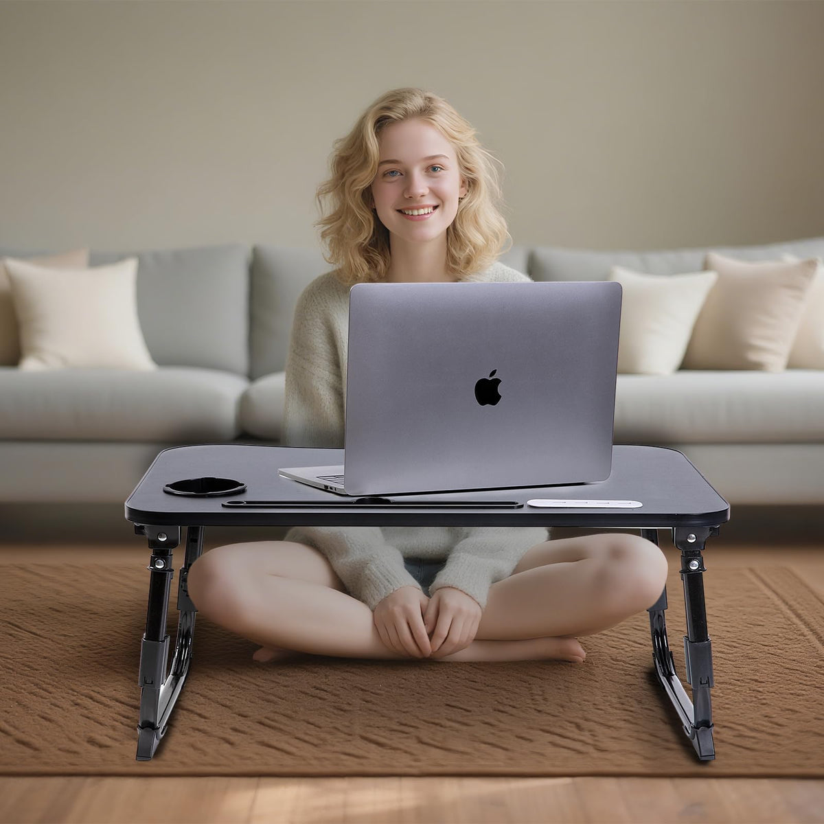 BYMECOST Laptop Desk for Bed, Height Adjustable Laptop Bed Table, Foldable Portable Lap Desk Stand with USB/Storage Drawer/Cup Holder/Slot, Breakfast Tray for Working Reading Writing Eating