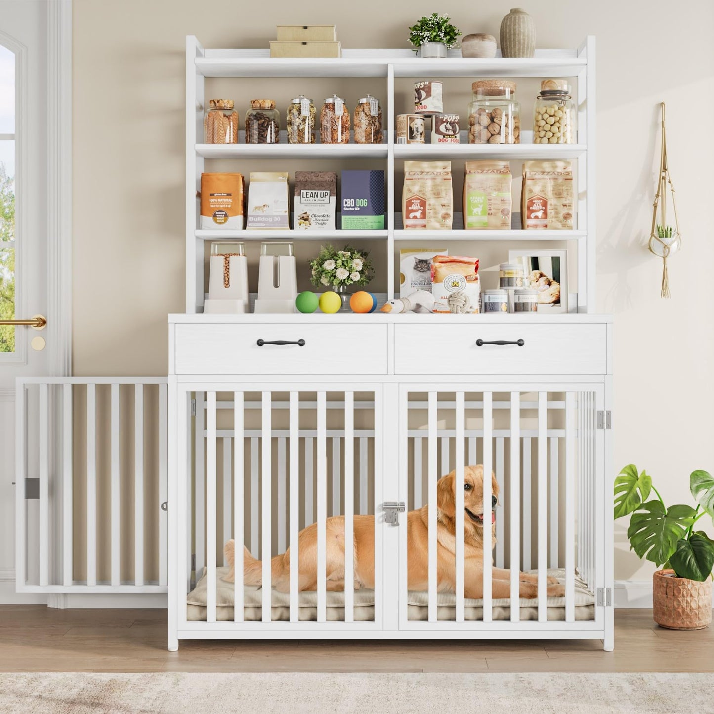 Keyluv 71''H x 47.2''W Large Dog Crate Furniture with 4-Tier Shelves and 2 Storage Drawers, Heavy Duty Dog Cage Furniture with 2 Doors, Wood & Metal Dog Kennel Indoor for Small/Medium/Large Dog, White