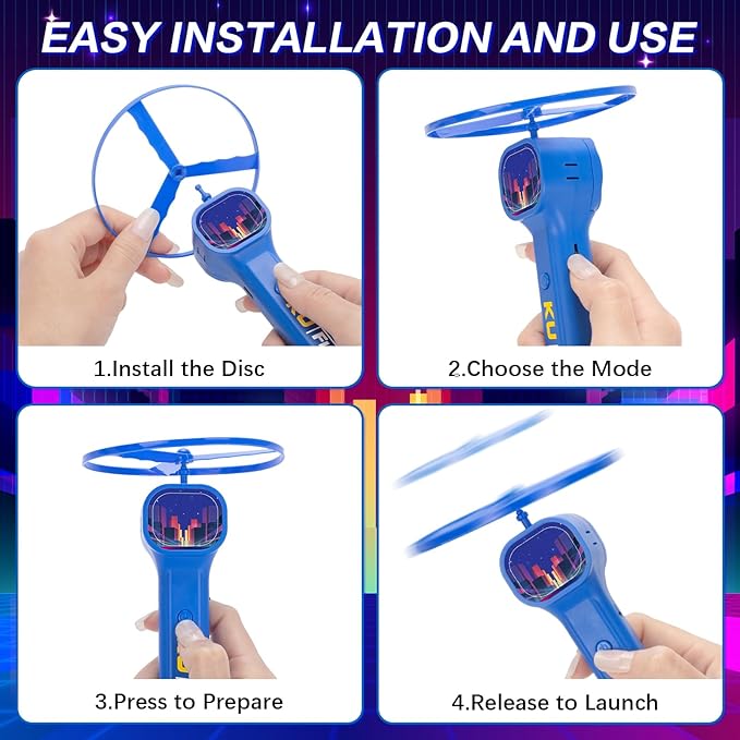 Rechargeable Disc Launcher with 6 Flying Spinners for Outdoor Activities Game White Elephant Gift Fidget Toys (Blue)