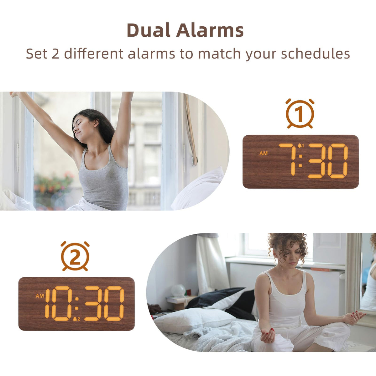 uscce Wooden Digital Alarm Clocks for Bedrooms: Dimmable Dual Alarm Clock with Large Numbers for Bedside Desk - Loud Alarm for Heavy Sleepers with Volume Control - Wood Decor & Gifts