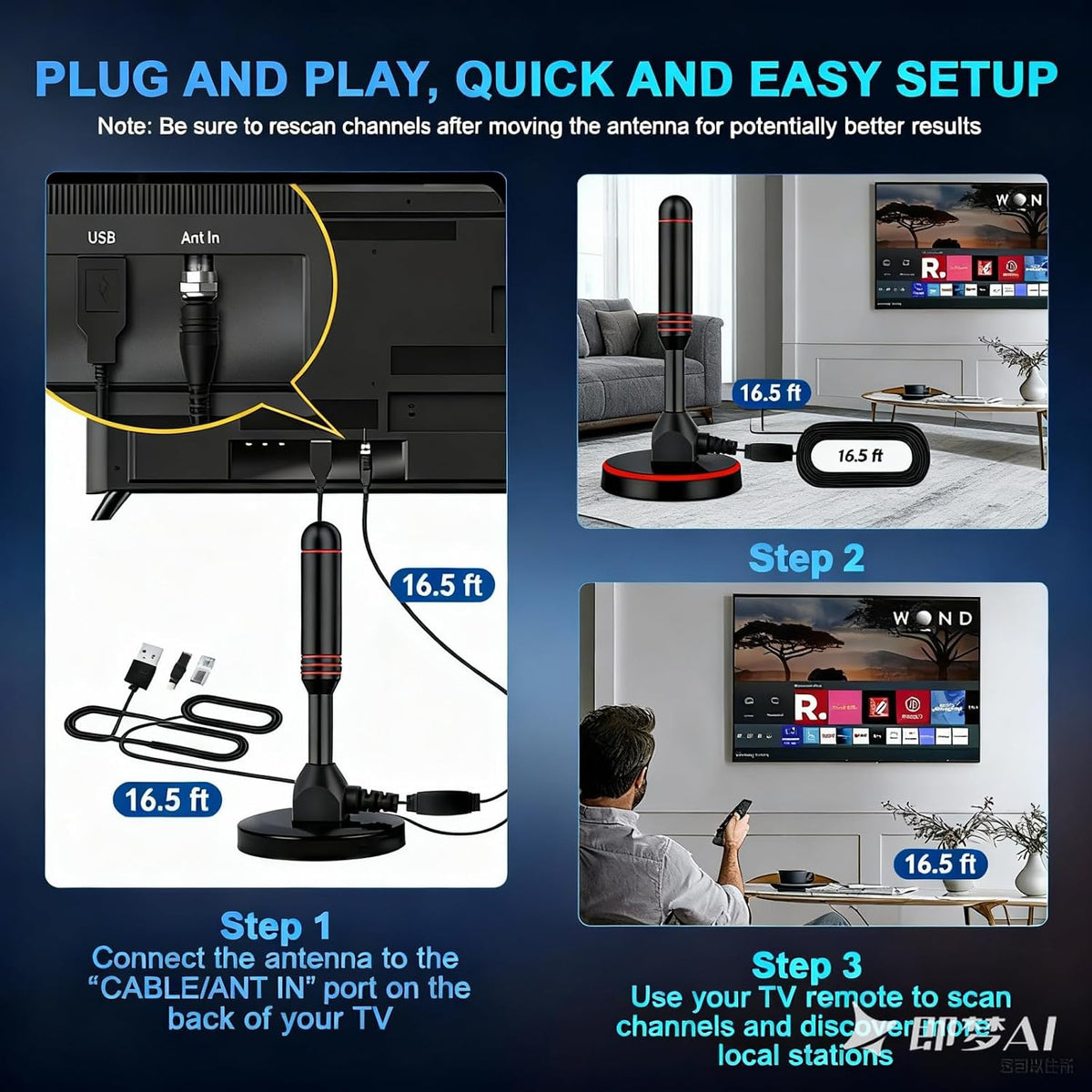BAOZMINAN 4K 1080p,Easy Installation,16.5ft Cable,2 TV Antenna Smart TV Indoor,Long Range Reception for Local Channels