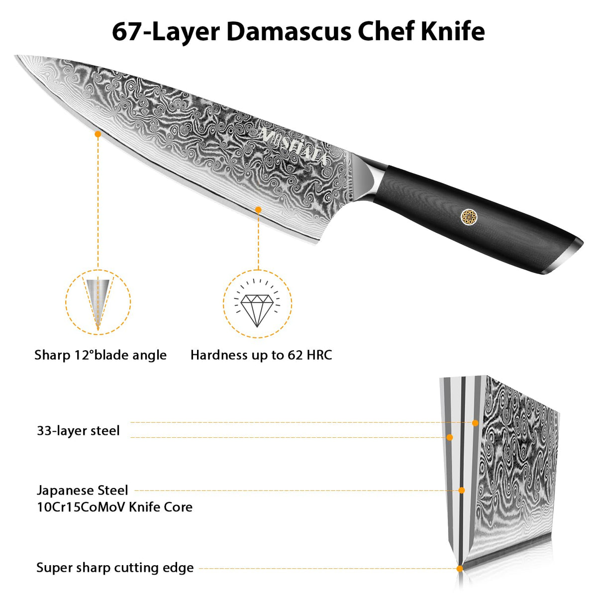 MOSFiATA Damascus Chef Knife 8", Professional Sharp Kitchen Knife 67 Layers Damascus Stainless Steel VG10 Core, Chef's Knives Chopping Cooking Knife Set with Ergonomic G10 Handle Sharpener Gift Box
