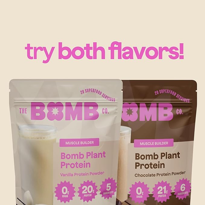 The Bomb Co. Bomb Plant Protein, Protein Powder with 21g Protein, Amino Acids, Zero Sugar, Pea Protein, Cocoa, Chia Seeds, Pumpkin Seeds, Vanilla & Monk Fruit, Gluten Free, Chocolate Flavor, 20 Srvgs