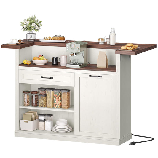 Homiflex Kitchen Island with Seating, Rolling Kitchen Islands with Storage, 55" W Large Island Table, Breakfast Bar Counter with Drop Leaf, Trash Can Cabinet, Power Outlet for Dining Room, Walnut