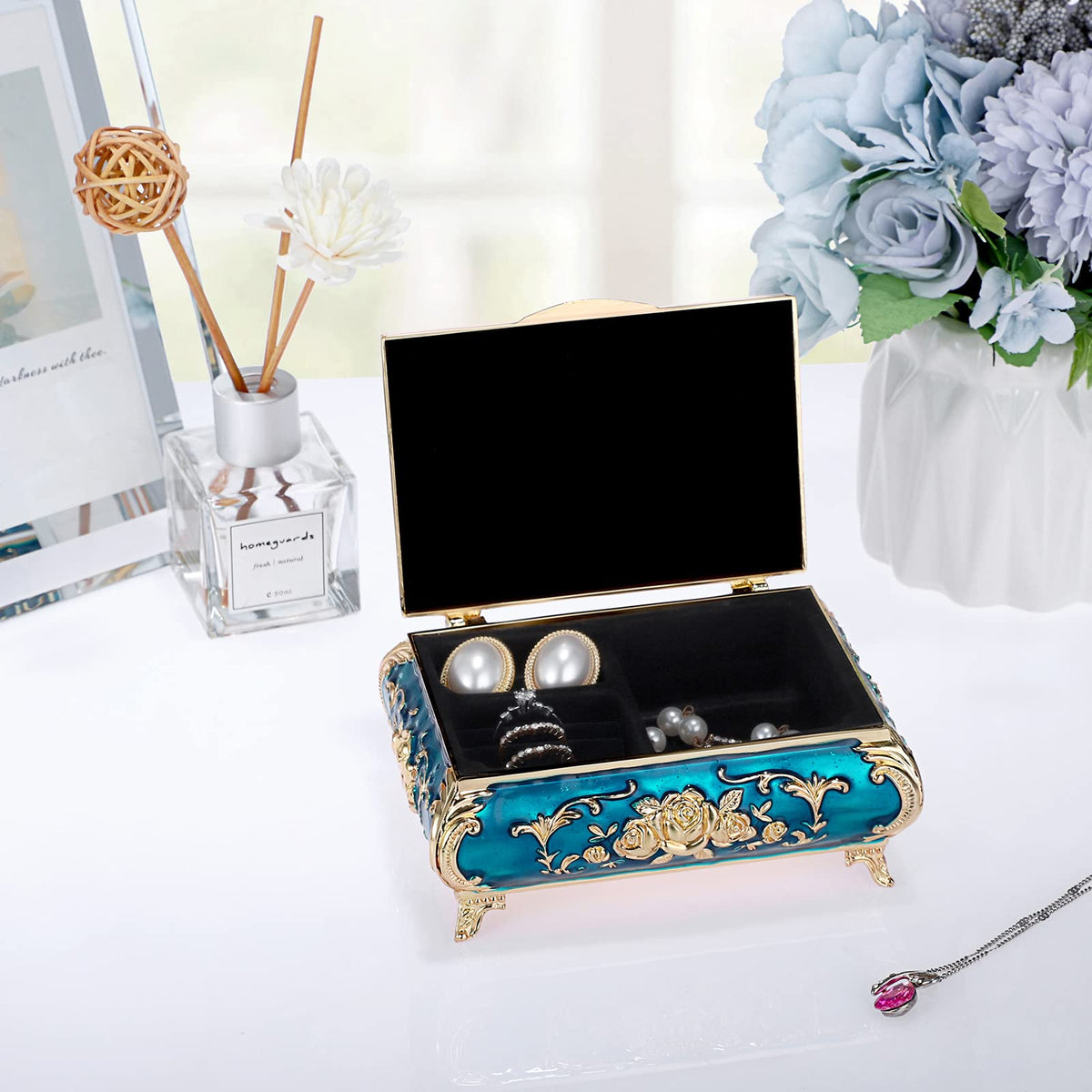 ELLDOO Vintage Music Box, Blue Metal Musical Jewelry Box Keepsake Box, Small Trinket Jewelry Storage Box Gift for Girl Women (Tune: You are My Sunshine)