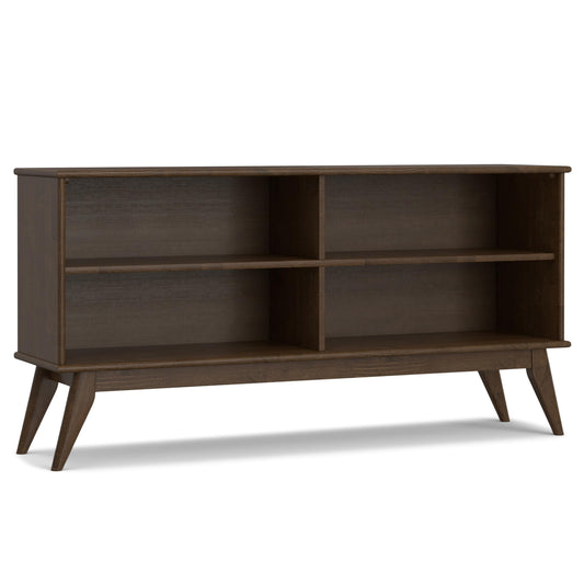 SIMPLIHOME Draper Bookcase - 30 inch Tall Solid Wood Low Bookshelf in Walnut Brown, Mid-Century Modern Storage for Living Room, Study Room or Office with Tapered Legs and Wide Open Shelves