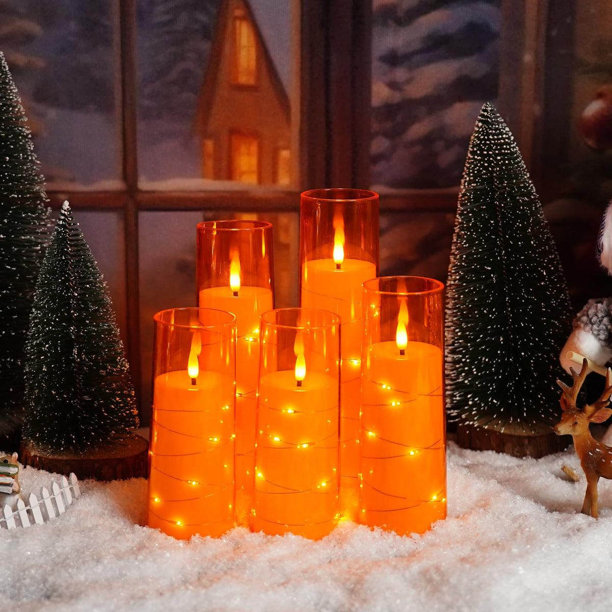 kakoya Flameless LED Candles with Timer 5 Pc Flickering Flameless Candles for Romantic Ambiance and Home Decoration Stable Acrylic Shell,with Embedded Star String，Battery Operated Candles（Orange）
