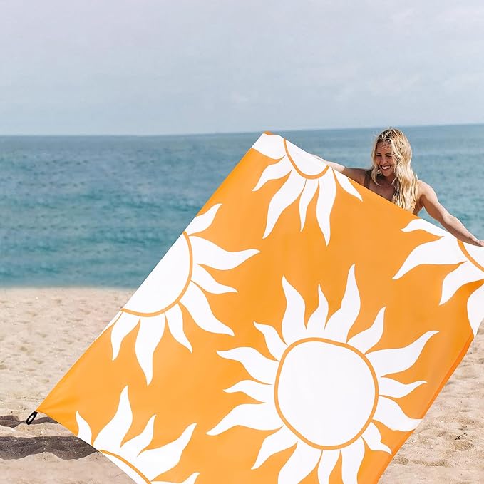 Large Beach Blanket Waterproof Sandproof, 9×10 FT Beach Mat Sand Free for 2-8 Adult with Stakes and Sand Pocket, Foldable Picnic Blankets for Outdoor, Camping Hiking, Vacation Essentials-Boho Sun Rise