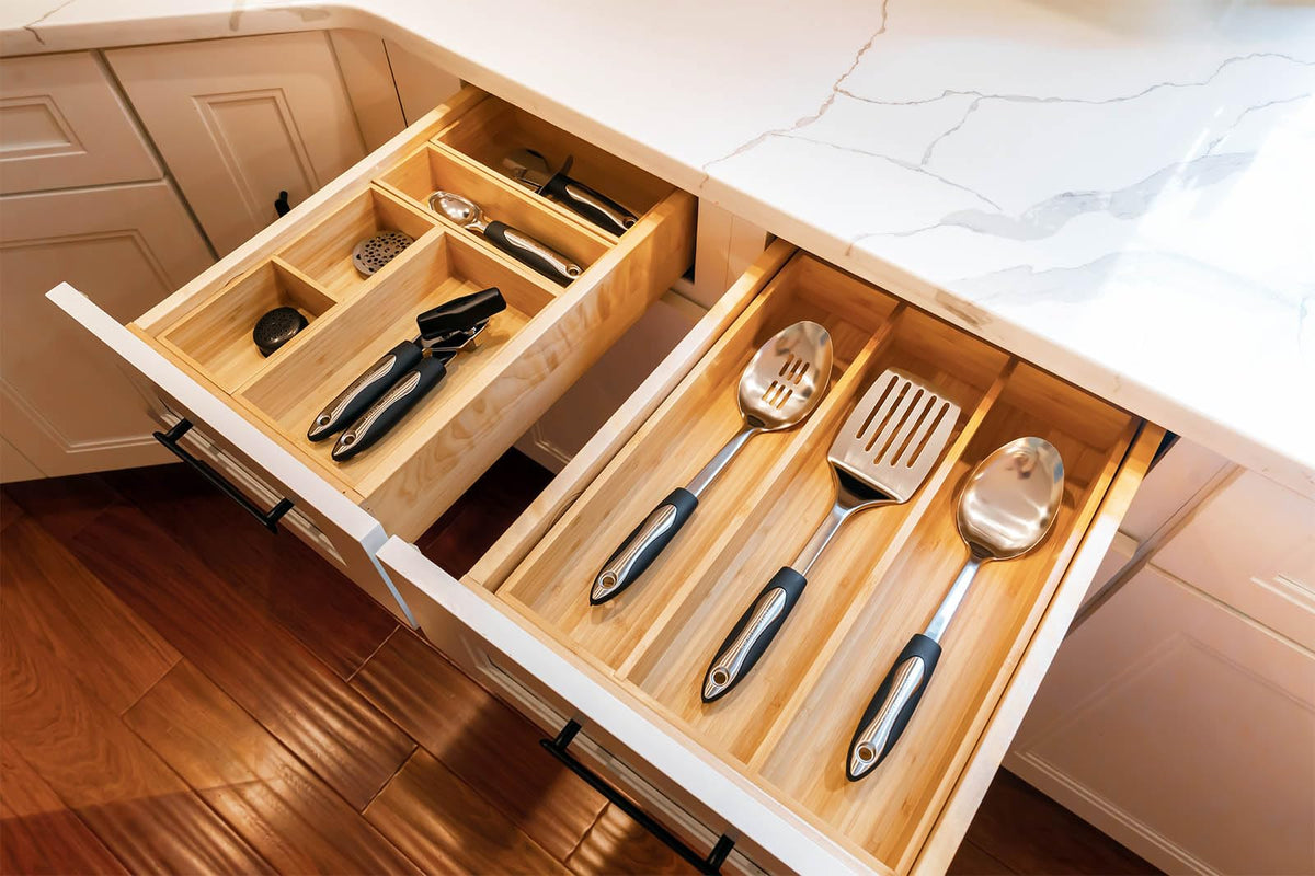Umilife Bamboo Kitchen Utensils Organizer, Extra High Silverware Drawer Tray, Flatware Cutlery Storage Box, Multi-Use Holder in Office, Bathroom, Pantry - 15"x6"x2.5" (Set of 2)