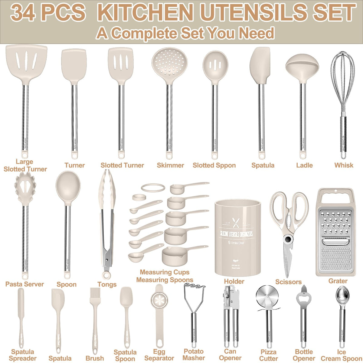 Kitchen Utensils Set-Umite Chef 34 Pcs Silicone Cooking Utensils Set for Nonstick Cookware-Silicone Spatulas Set, Stainless Steel Handle-Khaki Kitchen Gadgets Tools, Pots and Pans Accessories
