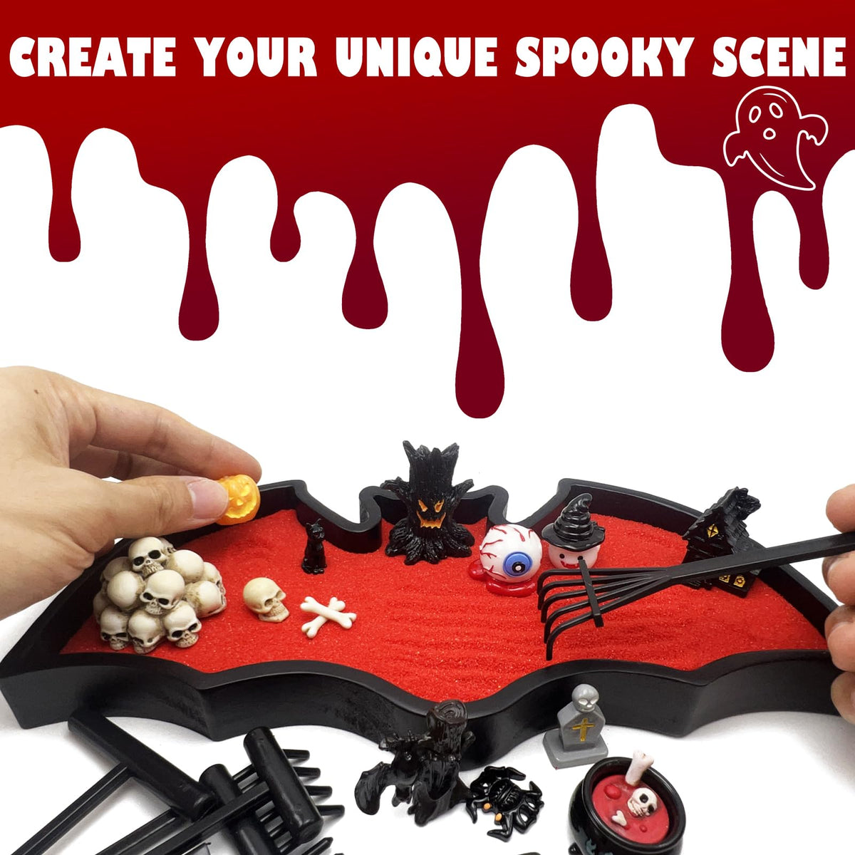 Bat Zen Garden Kit Mini Décor Halloween Spooky Office Decorations Tray for Work Desk Accessories Coffin Gothic Goth Desktop