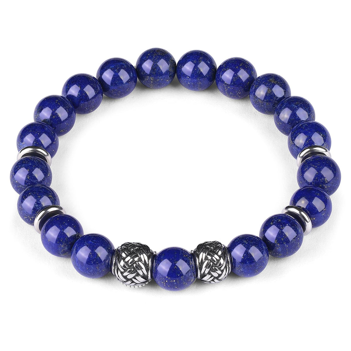 King Will Natural Lapis Lazuli Bead Bracelet for Men, 10mm Royal Blue Gemstone Spiritual Healing Bracelet with Braided Metal Accents, Inner Peace Jewelry